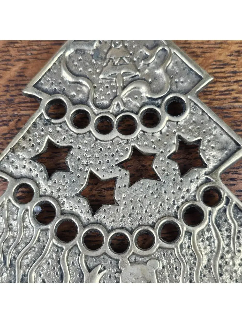 Vintage Solid Brass Christmas Tree Trivet | Teddy Bear Toy Car Kitchen Decor